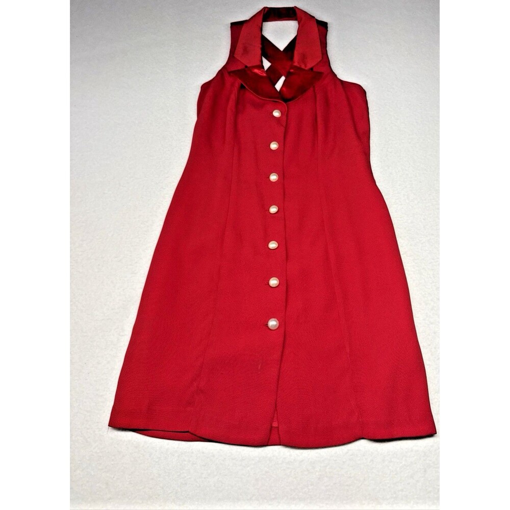 Explorations Vintage 90s Red Halter Dress 5/6 Pearl Buttons Cross Back Y2K